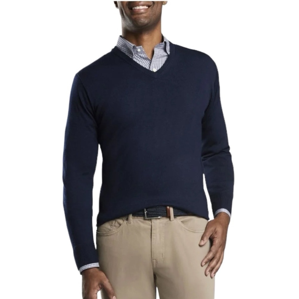 Lands End Men’s Cotton V-Neck Fine Knit Sweater. Blue Size Large #1226